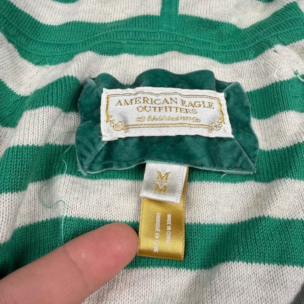 American Eagle Women Hoodie Sweater Striped V-Neck Knit Green White M